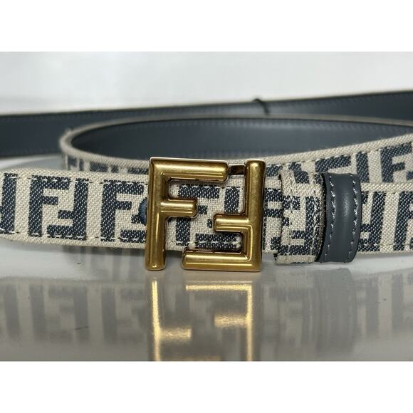 Fendi FF Gold Buckle Reversible Slim Gray Belt 85/34 Italy 8C0719 NWT $550 - Picture 2 of 8